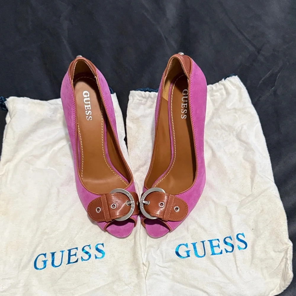 Guess Chic Pink and Brown Peep Toe Heels - Picture 1 of 7